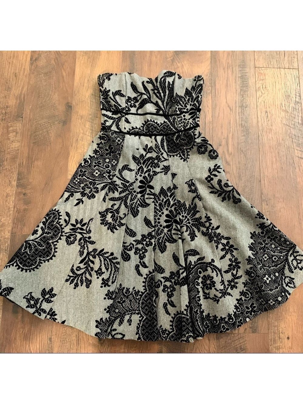 TIBI grey strapless dress with black floral pattern.  Size 4